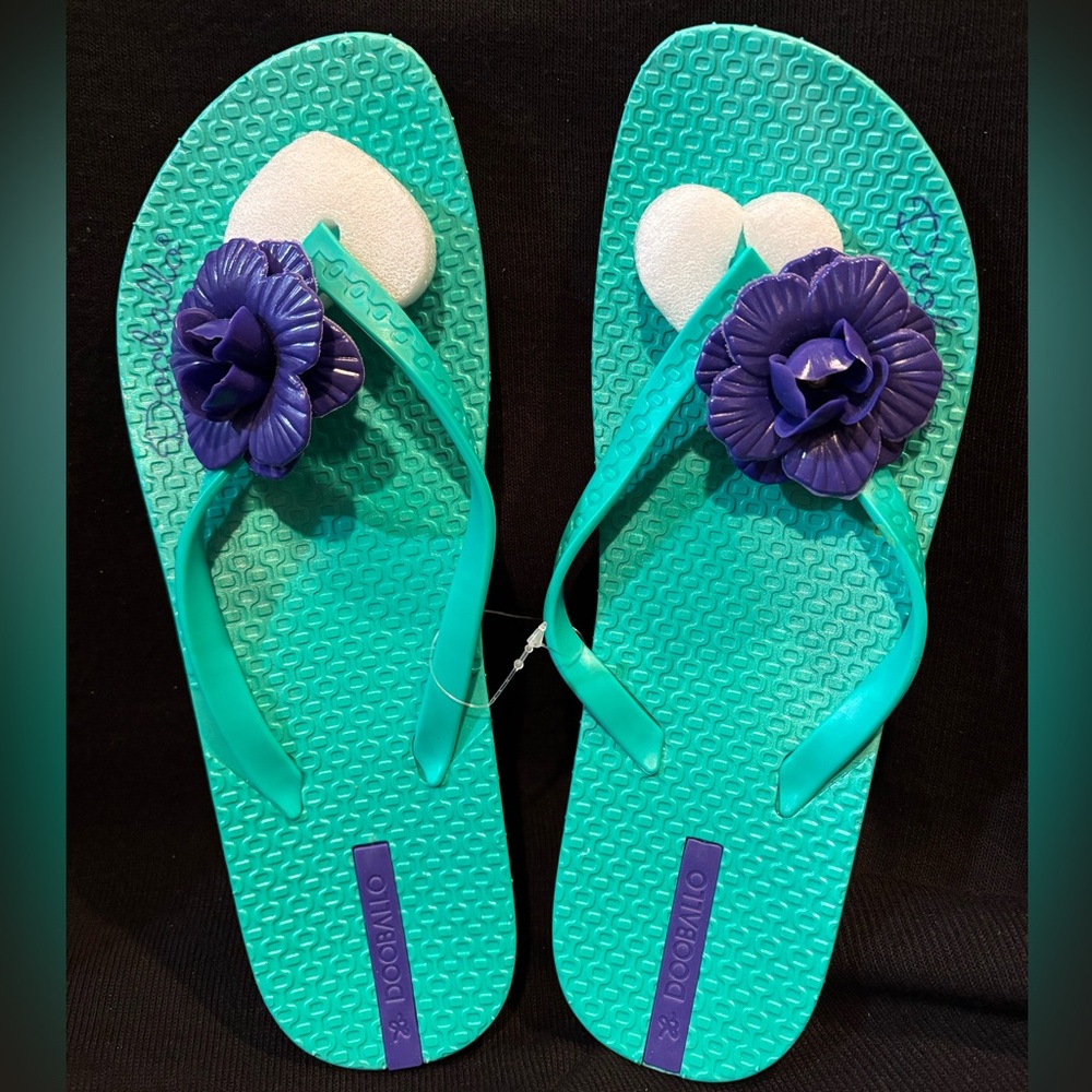 Dooballo Aqua Flip Flops with Purple Flower